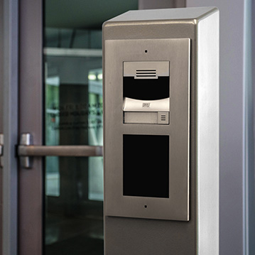 Pedestal PRO customized stainless steel Bollard, Model ADA-SS-TWR-47x4x6, with nickel powder-coat finish, and 2N® video intercom,